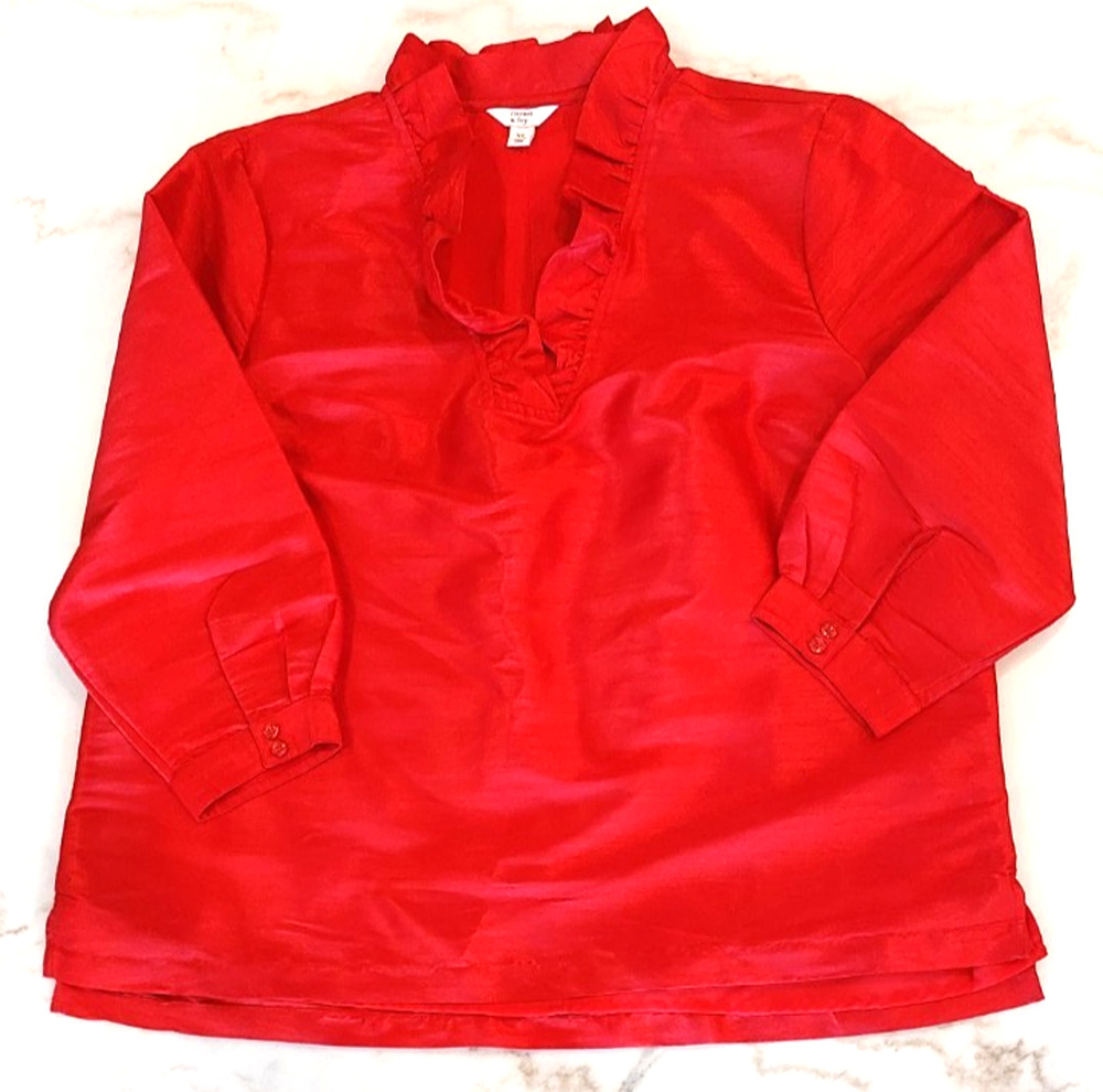 Crown & Ivy Silk Like Red Top With Ruffles Size XL Fully Lined
